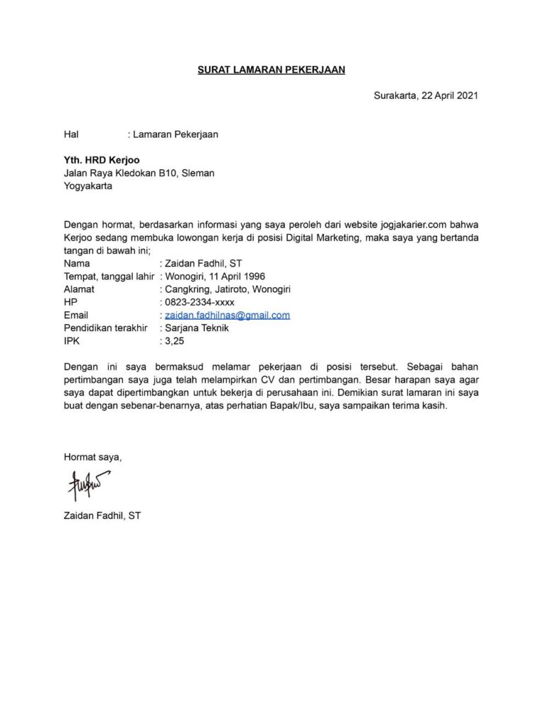 Contoh Surat Lamaran Kerja, Agar Bisa Dilirik HRD - Dailysia